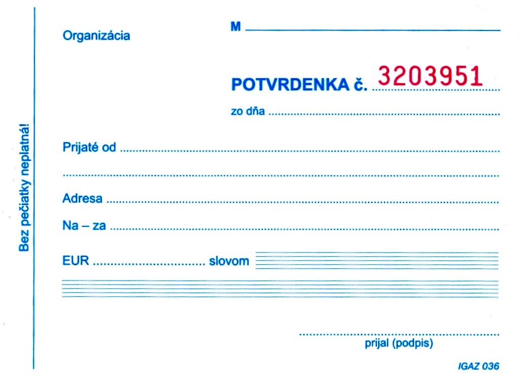 Potvrdenka s juxtou, A6, 25 x 3  listov,samoprepis  číslovaná (IGAZ 36)