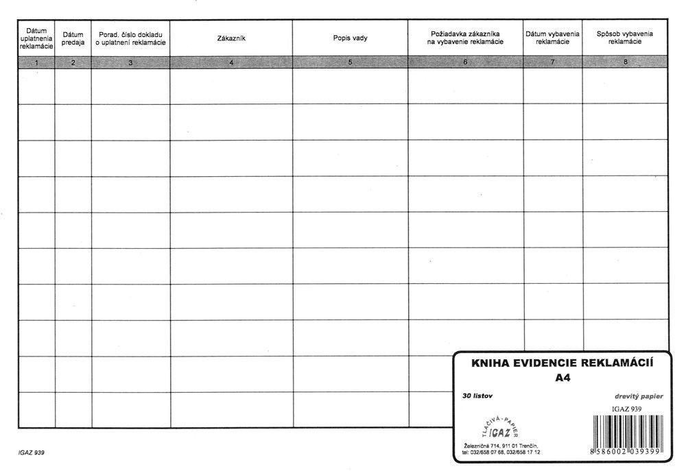 Kniha evidencie reklamácií, 30 listov, (IGAZ 939)