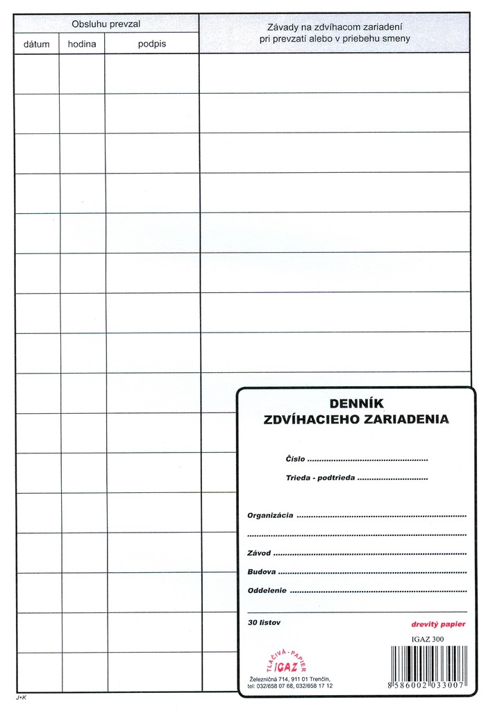 Denník zdvíhacieho zariadenia, A4, 30 listov,   (IGAZ 300)