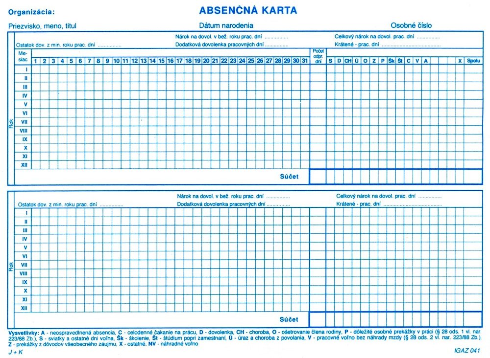 Absenčná karta, A5, 1 list,   (IGAZ 41)