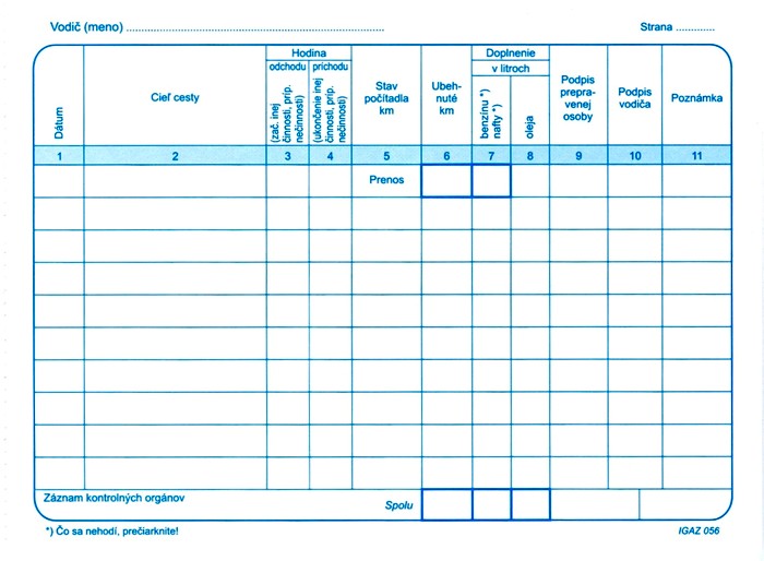Záznam o prevádzke motorového vozidla osobnej dopravy, A5, 60 listov,   (IGAZ 56)